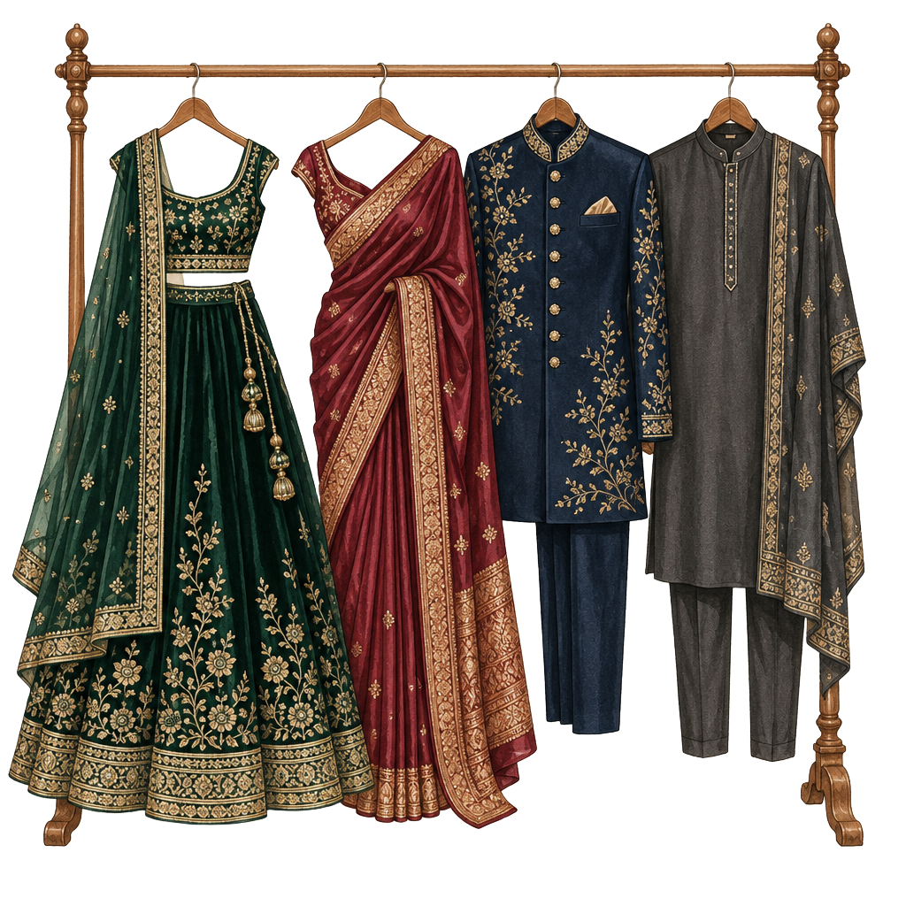 Clothes rack with emerald, wine and navy traditional evening outfits for the reception