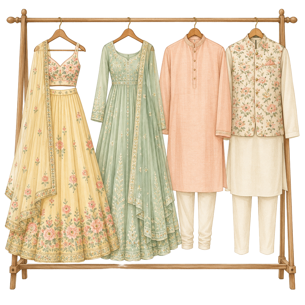 Clothes rack with pastel yellow, mint, peach and floral outfits for the haldi