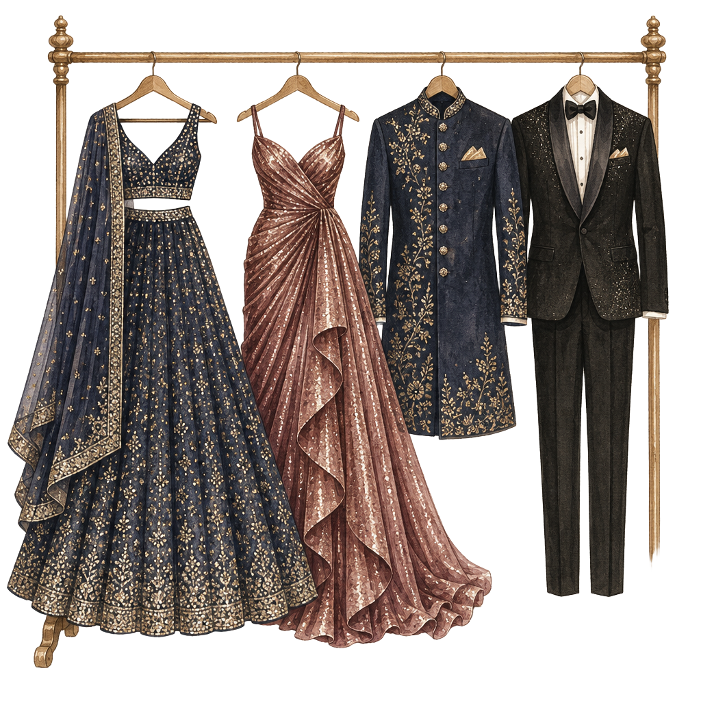 Clothes rack with navy sequinned and rose-gold shimmer party outfits for the sangeet
