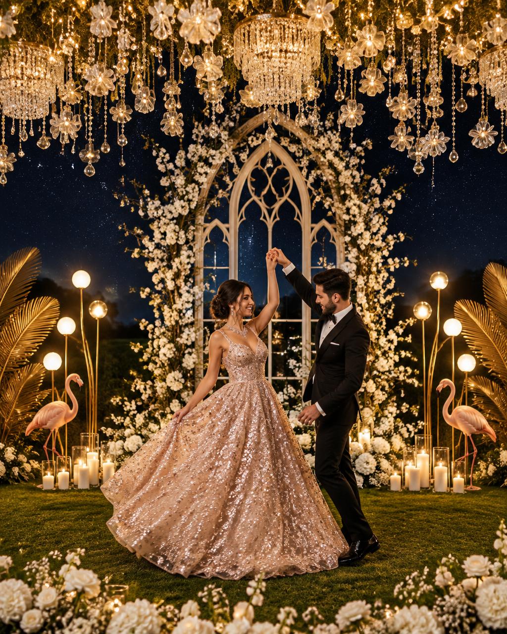 Couple's first dance under crystal chandeliers and a starry night sky for the reception