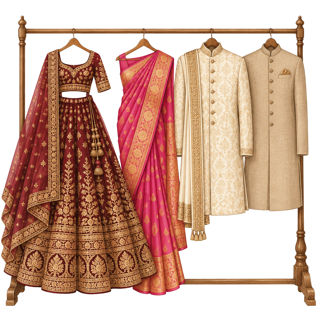 Clothes rack with maroon gold bridal lehenga, silk saree and ivory sherwanis for the wedding